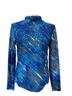 Women's Blue Patterned Long-Sleeve Mock Neck Top Size M